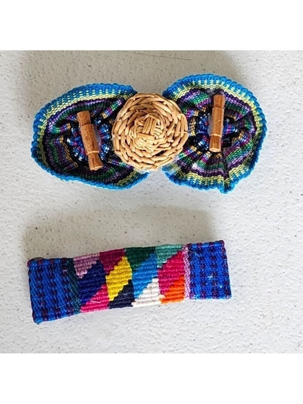 Mexico handmade threded hair barrette lot of 2 colorful needlework